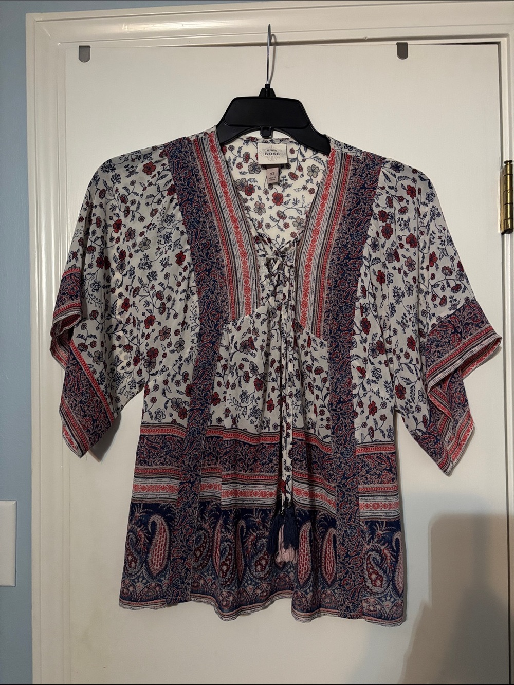 Knox Rose Boho Paisley Tie-Front Tunic in Navy and Red on White